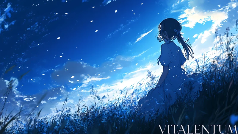 Twilight girl adrift in wildflowers beneath a drifting sky.