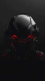 Futuristic black cyborg helmet glows with sinister red light.