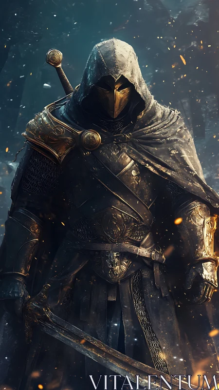 Hooded armored knight stands in burning embers and mist