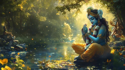 Blue devotional figure by luminous forest stream, high detail.