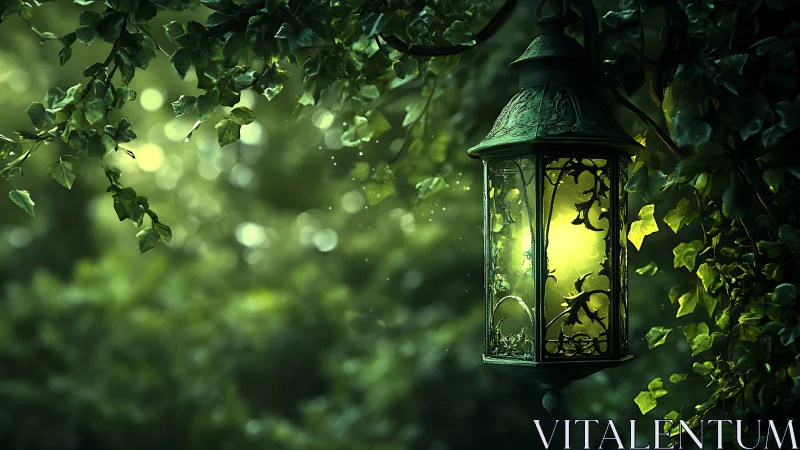 Enchanted forest lantern glowing in lush green foliage.