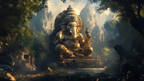 Sacred jungle morning crowns the serene Ganesha colossus