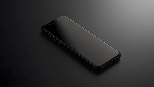 Sleek black smartphone on dark reflective surface, minimalist style.