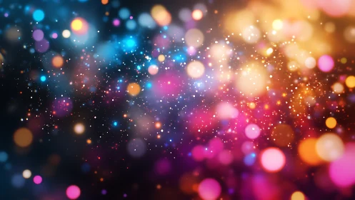 Digital bokeh nebula field with multicolor luminous particles.