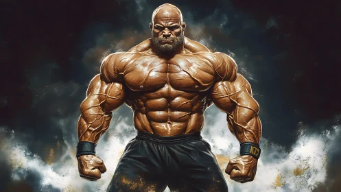 Hyper-real digital painting of ultra-muscular bodybuilder hero.