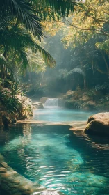 Tropical lagoon pool reflects cascading jungle waterfall.