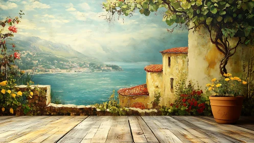 Sunlit seaside terrace with flowers and rustic villas by sea.