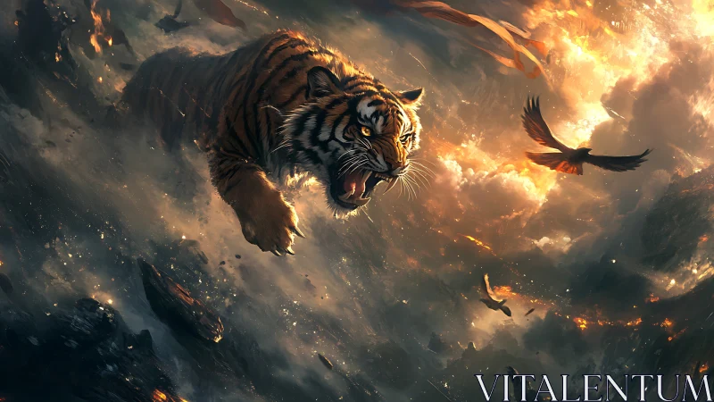 Mythic tiger leaping through apocalyptic firestorm sky