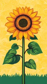 Sunflower illustration shows stylized bloom on tall green stem