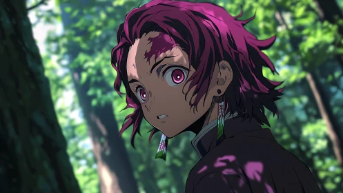 Anime hero glances back in a sunlit, whispering forest