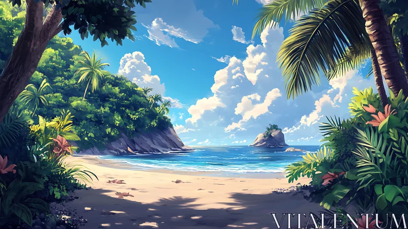 Tropical beach cove framed by dense jungle and rocky outcrops