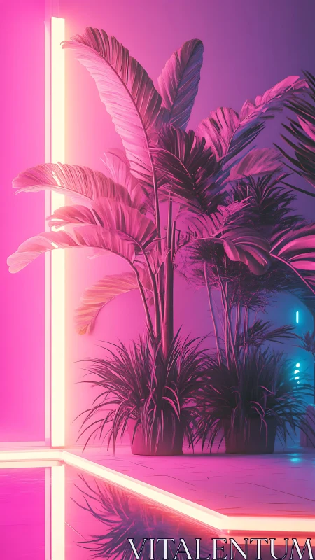 Neon lit tropical potted plants by reflective indoor pool.