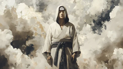 Stoic hooded ninja in robe amid drifting clouds.