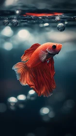 Crimson betta drifts upward to greet the silver bubbles