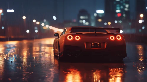 Sports coupe is stationary on wet urban roadway at night