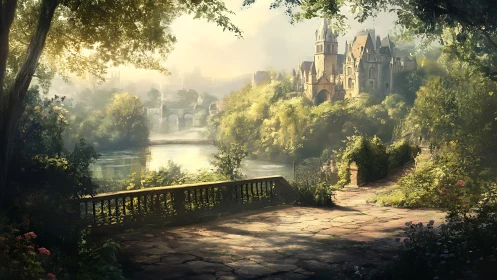 Sunlit riverside terrace overlooks an enchanted castle estate.