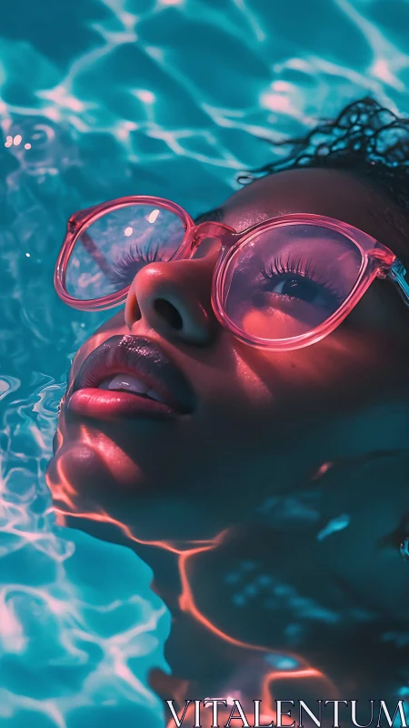 Neon pool portrait with reflective pink eyewear and rippled light.