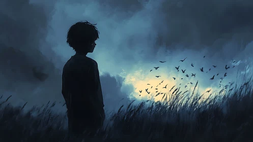 Silhouetted child in stormy dusk field with rising birds.