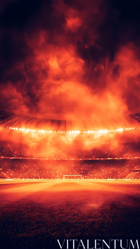 Stadium inferno glow above a lone football goalmouth.