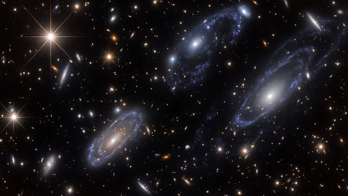 Spiral galaxy triplet amid dense gravitational lensing field.
