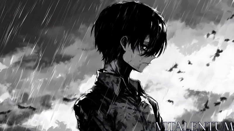 Rain-soaked anime boy stands alone beneath a stormy sky