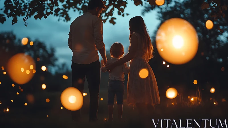 Family group observes outdoor landscape during twilight with ambient lighting