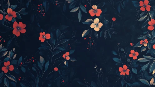Red Flowers with Dark Teal Foliage in Digital Botanical Illustration