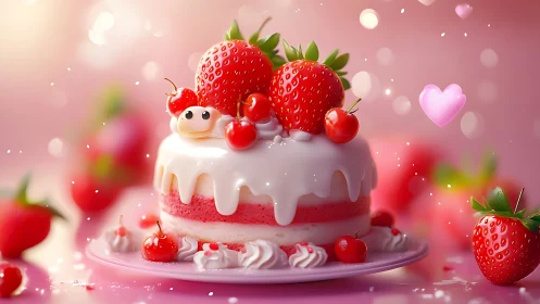 Strawberry-Topped Cake with Whipped Cream Drip. 3D Render