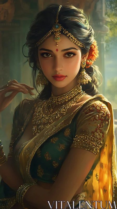 Sunlit royal gaze turns silk and gold into quiet fire