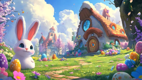 Whimsical Easter bunny village rendered in vibrant digital art