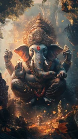 Digital painting of monumental Ganesha deity in jungle shrine.