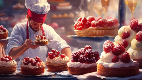 Pastry Chef's Berry Dream Unfolds in Radiant Golden Hour
