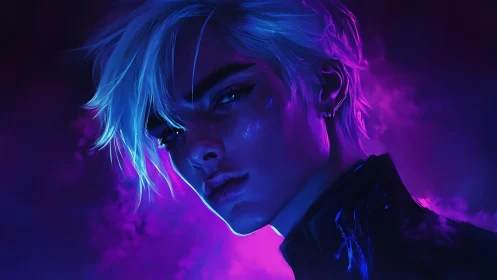 Neon lit portrait of androgynous character in violet haze.
