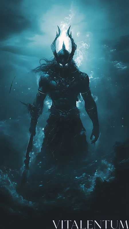 Shadowy sea warlord strides through glowing midnight waters