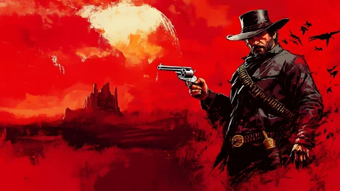 Lone gunslinger framed by a blazing red frontier sky.