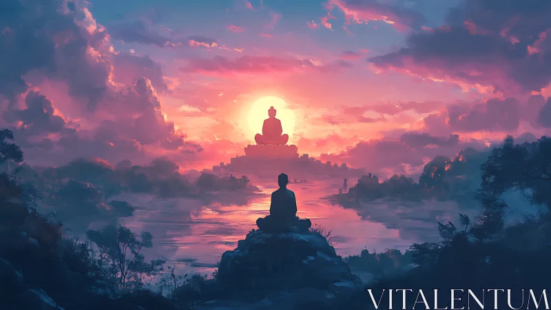 Solitary meditator studies distant Buddha at radiant sunset