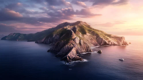Mountain Island Emerges From Twilight Waters in Golden Hour.