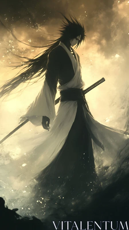 Solitary swordsman silhouette in stormlit swirling vapors.