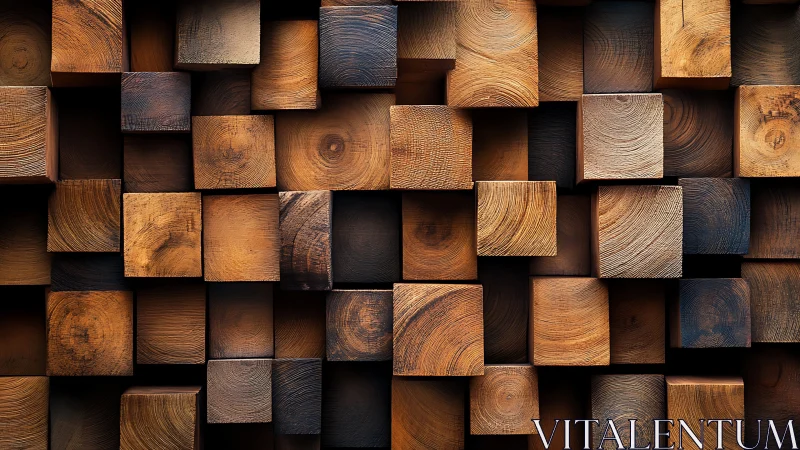 Stacked wooden cubes forming warm geometric wall pattern.