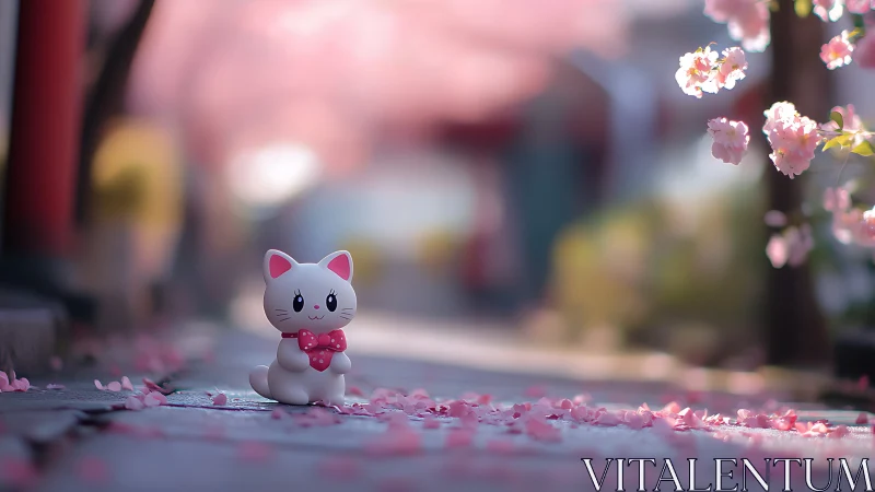 Playful lucky kitty beneath soft pink spring blossoms.