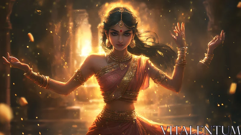 Radiant temple dancer glows in swirling golden embers of dusk