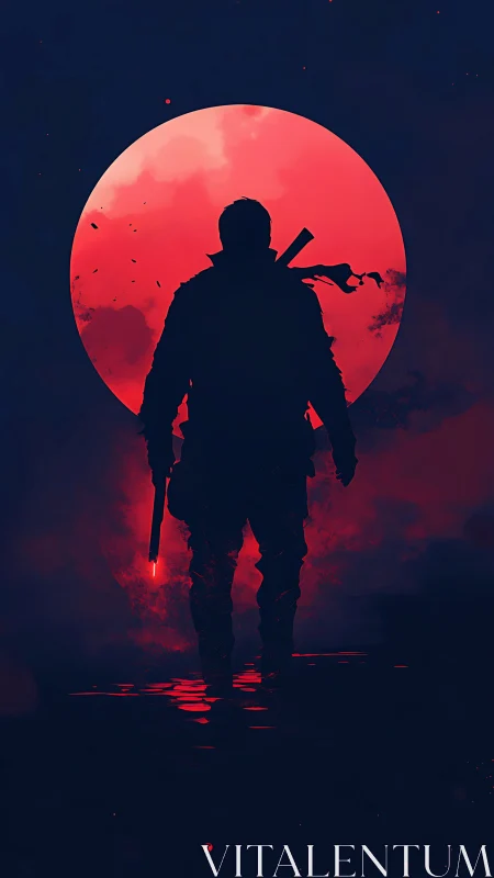 Silhouetted armed figure stands before large red moon