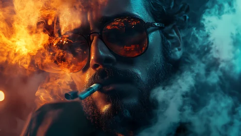 Bicolor smoke portrait with reflective sunglasses and ember glow.