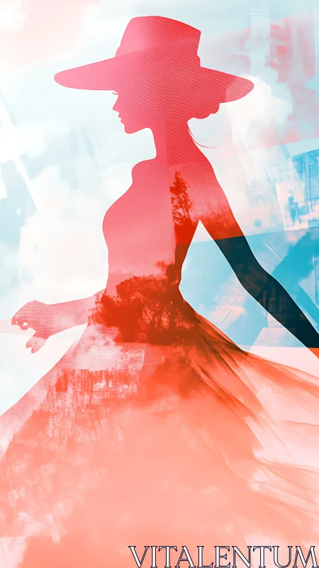 Silhouette of woman in hat blended with sky and trees.