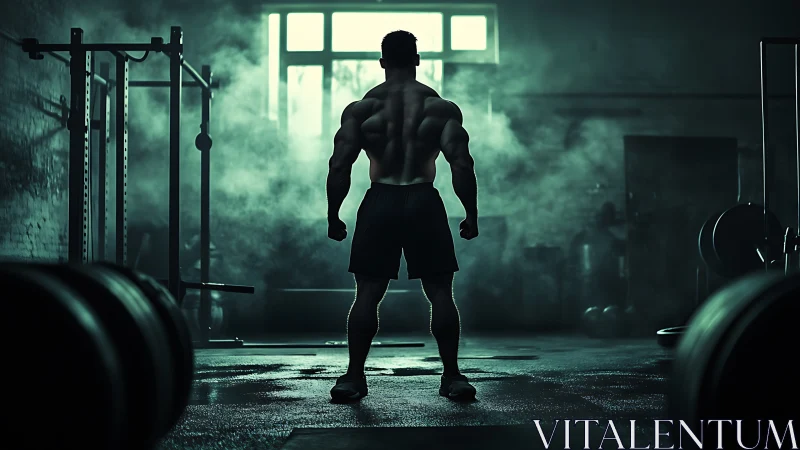 Muscular athlete stands in smoky gym under harsh backlight