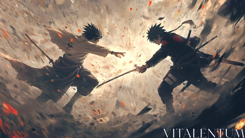 Dynamic anime duel in explosive radial battlefield composition.