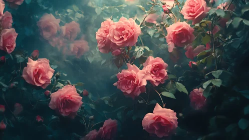 Pink Roses in Luminous Garden with Teal Atmosphere