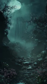 Moonlit ruin tower framed by foggy ravine and wet stone path