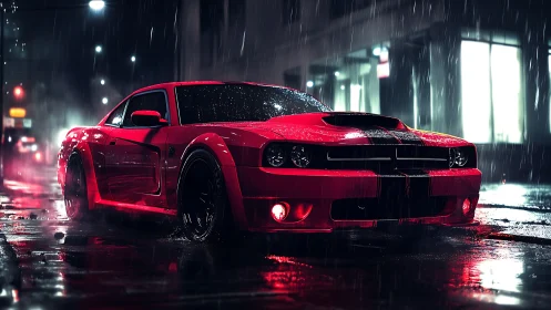 Crimson muscle car prowls neon rainlit midnight streets.