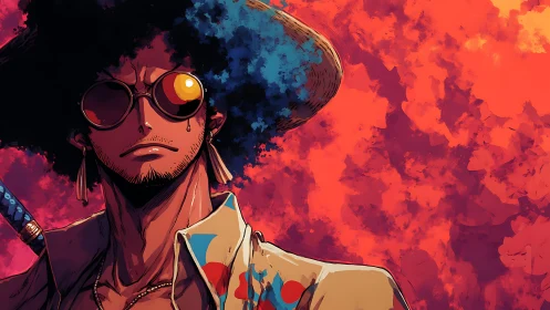 Afro samurai in sunglasses stands before blazing red sky